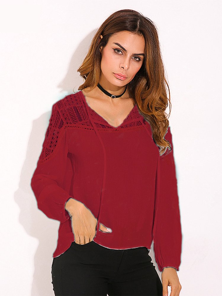 Women Blouse Long Sleeve Lace Trim Tie V-neck Shirt - Image 10