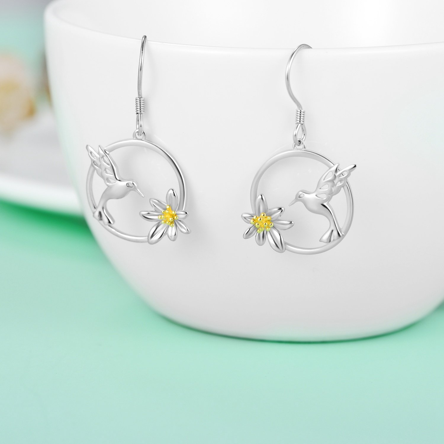 Hummingbird Earrings Sterling Silver Bird Flower Dangle Drop Hooks Earrings - Image 2