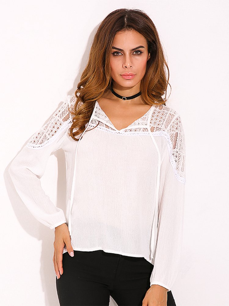 Women Blouse Long Sleeve Lace Trim Tie V-neck Shirt - Image 4