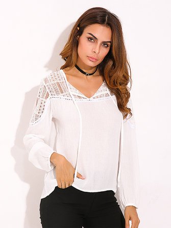 Women Blouse Long Sleeve Lace Trim Tie V-neck Shirt - Image 13