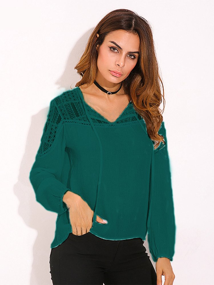 Women Blouse Long Sleeve Lace Trim Tie V-neck Shirt - Image 9