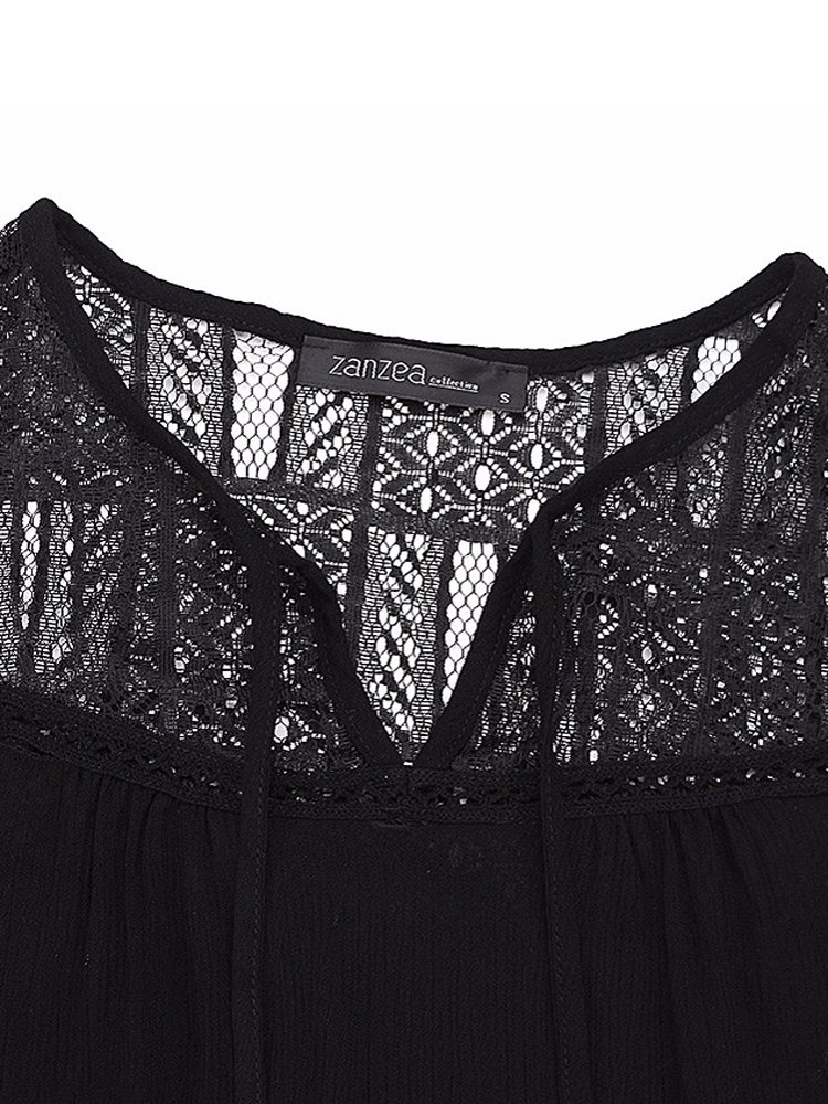 Women Blouse Long Sleeve Lace Trim Tie V-neck Shirt - Image 12