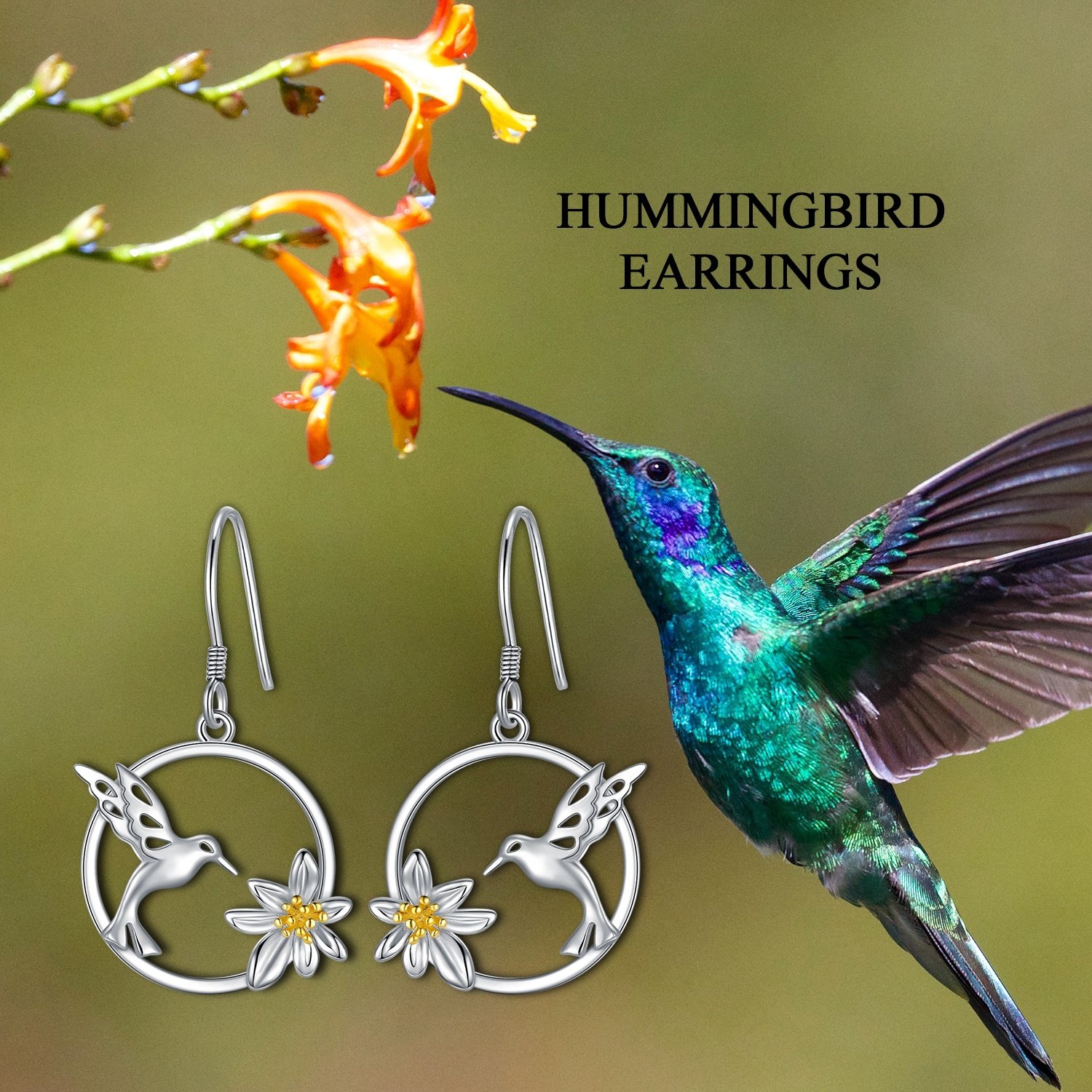 Hummingbird Earrings Sterling Silver Bird Flower Dangle Drop Hooks Earrings - Image 6