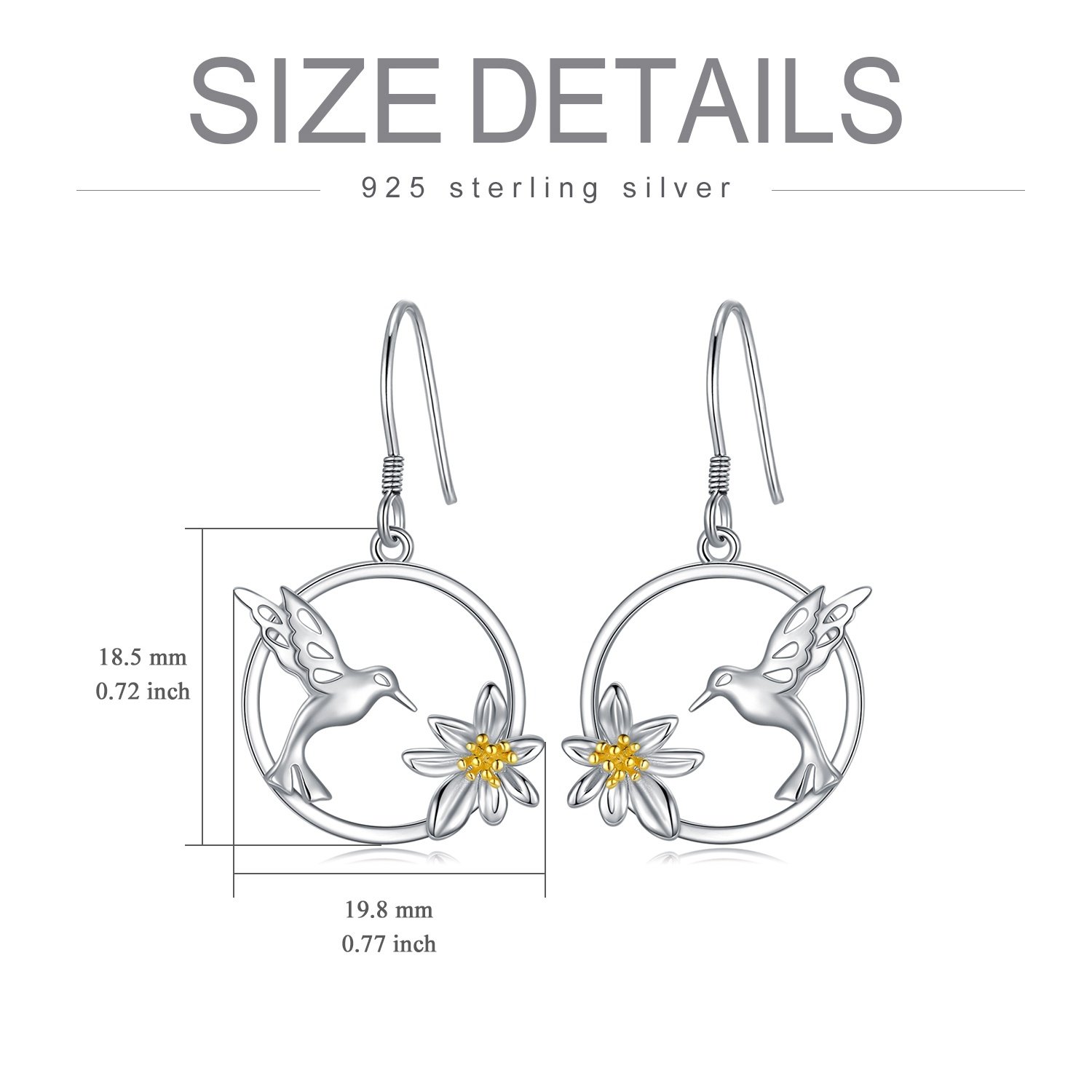 Hummingbird Earrings Sterling Silver Bird Flower Dangle Drop Hooks Earrings - Image 4