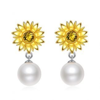 Sunflowers Flower Drop Pearl Earrings S925 Sterling Silver Stud Earring for Women