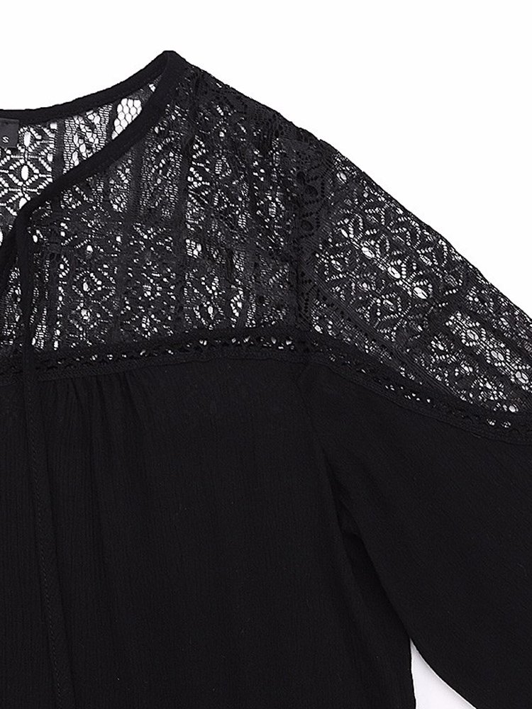 Women Blouse Long Sleeve Lace Trim Tie V-neck Shirt - Image 11