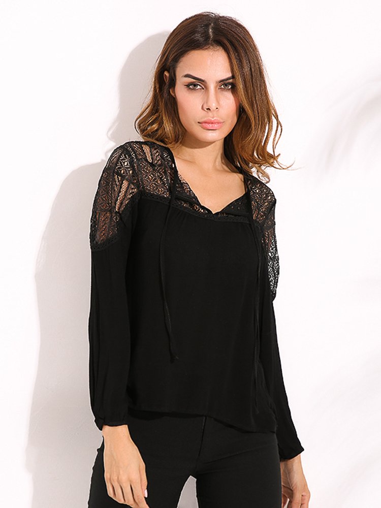 Women Blouse Long Sleeve Lace Trim Tie V-neck Shirt - Image 6