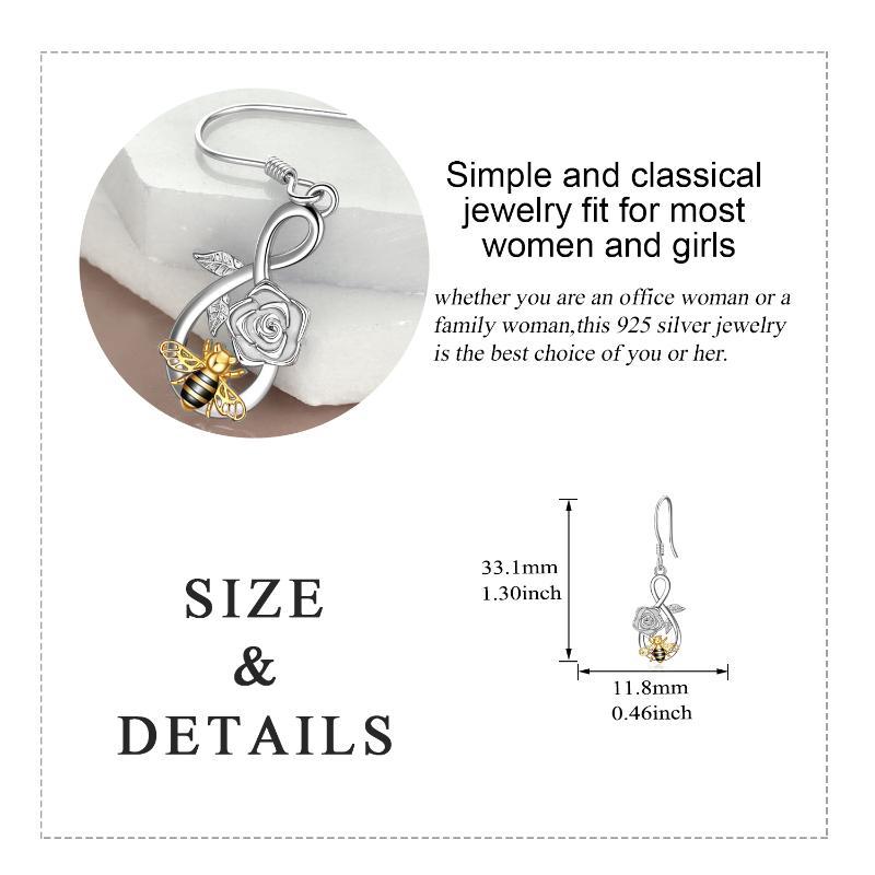 925 Sterling Silver Infinity Bee Dangle Earrings with Rose Flower Jewelry Gifts - Image 5