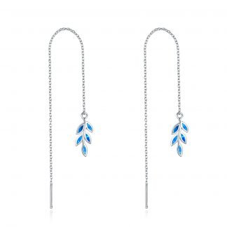 Blue Opal Threader Earrings Sterling Silver Tree Leaves Dangle Drop Earrings Jewelry Gifts for Women Girls Birthday