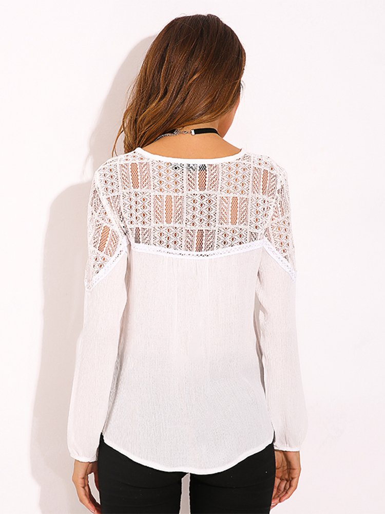 Women Blouse Long Sleeve Lace Trim Tie V-neck Shirt - Image 5