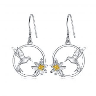Hummingbird Earrings Sterling Silver Bird Flower Dangle Drop Hooks Earrings