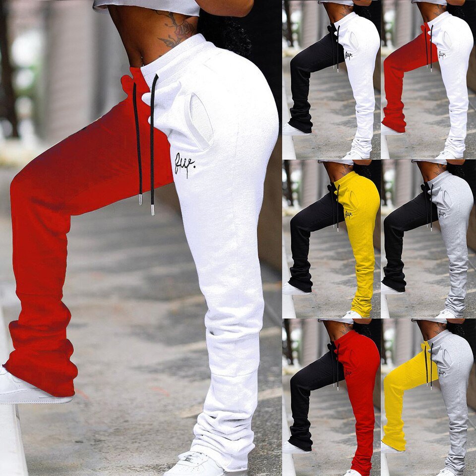 Two Colors Contrast Patchwork Embroidery Sweatpants - Image 7