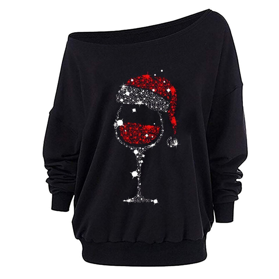 Christmas Elk Print Off Shoulder Tops Women Long Sleeve - Image 9