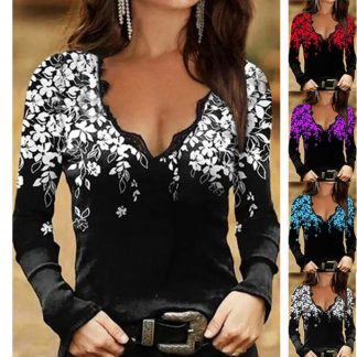 Floral Print Tops Women Casual Long Sleeve Tshirt Lace Up V-Neck
