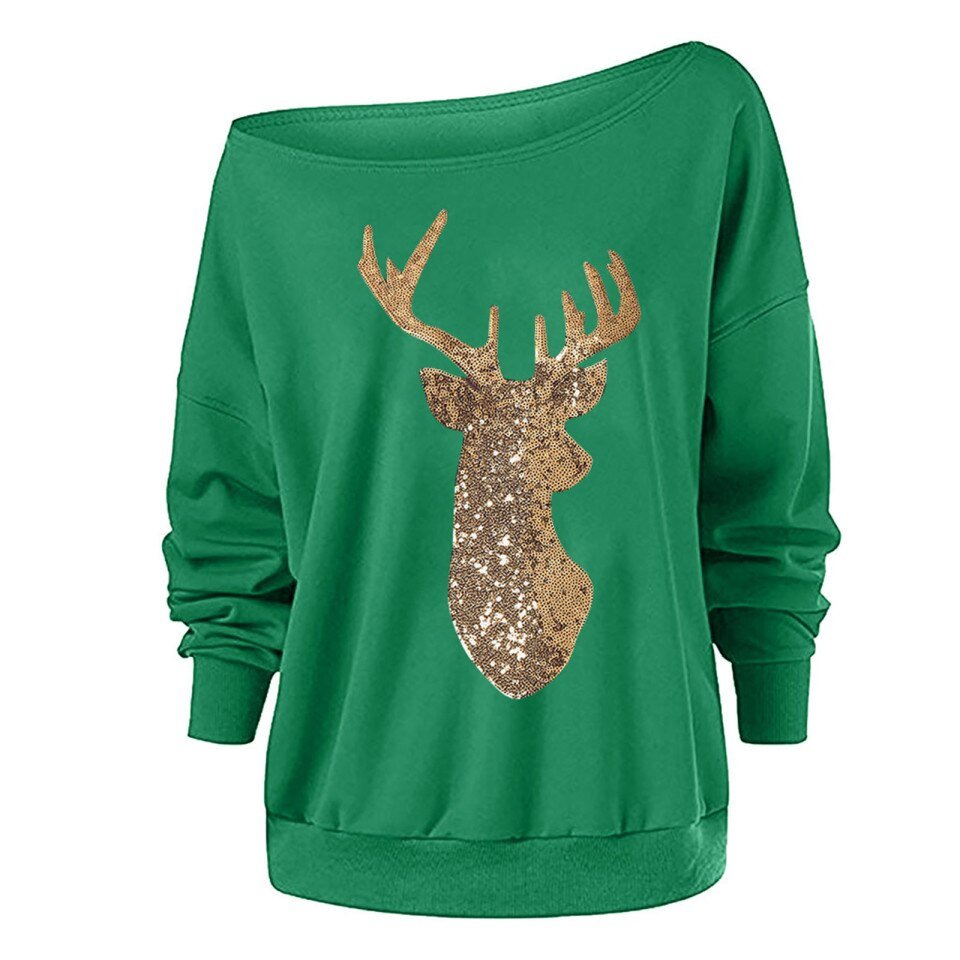Christmas Elk Print Off Shoulder Tops Women Long Sleeve - Image 4