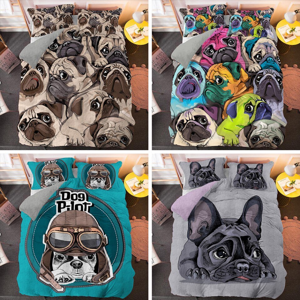 Cartoon Pug Dog Duvet Cover Set , Luxury Bedding Sets
