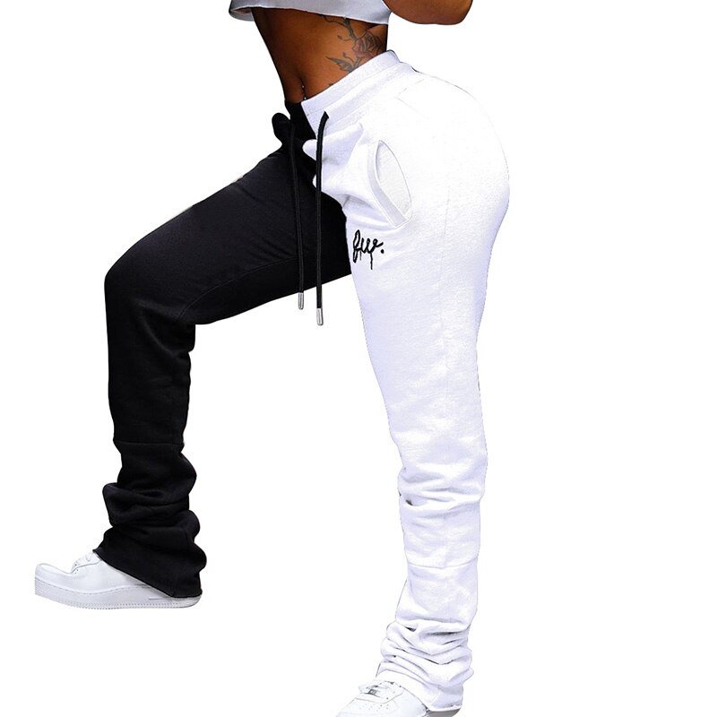 Two Colors Contrast Patchwork Embroidery Sweatpants - Image 3