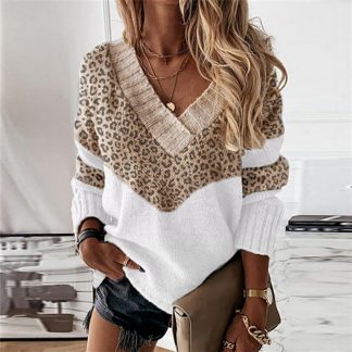 Sweater Women V-neck Leopard Knitted Sweater