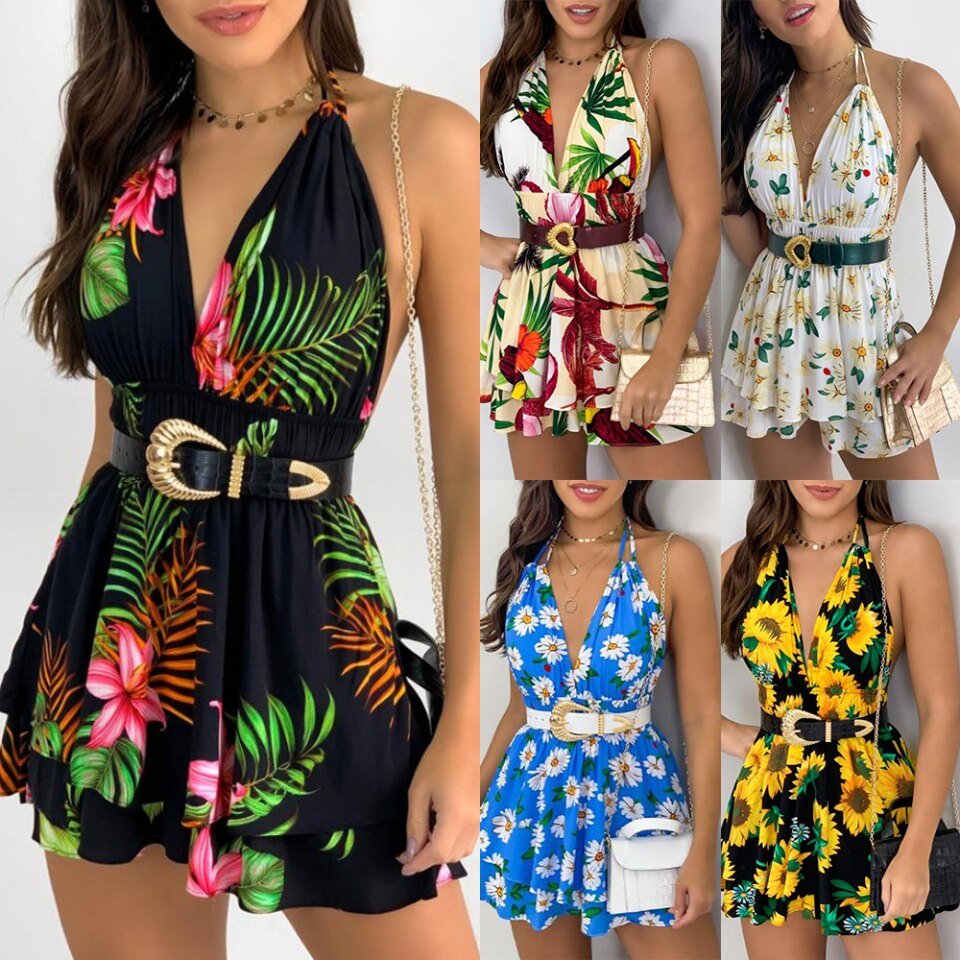 Mini Dresses Sling Floral ,V-Neck Sleeveless - Image 6