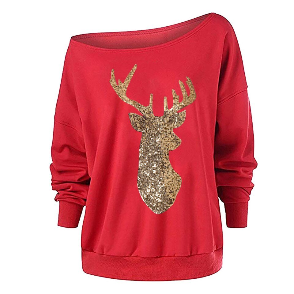 Christmas Elk Print Off Shoulder Tops Women Long Sleeve - Image 13