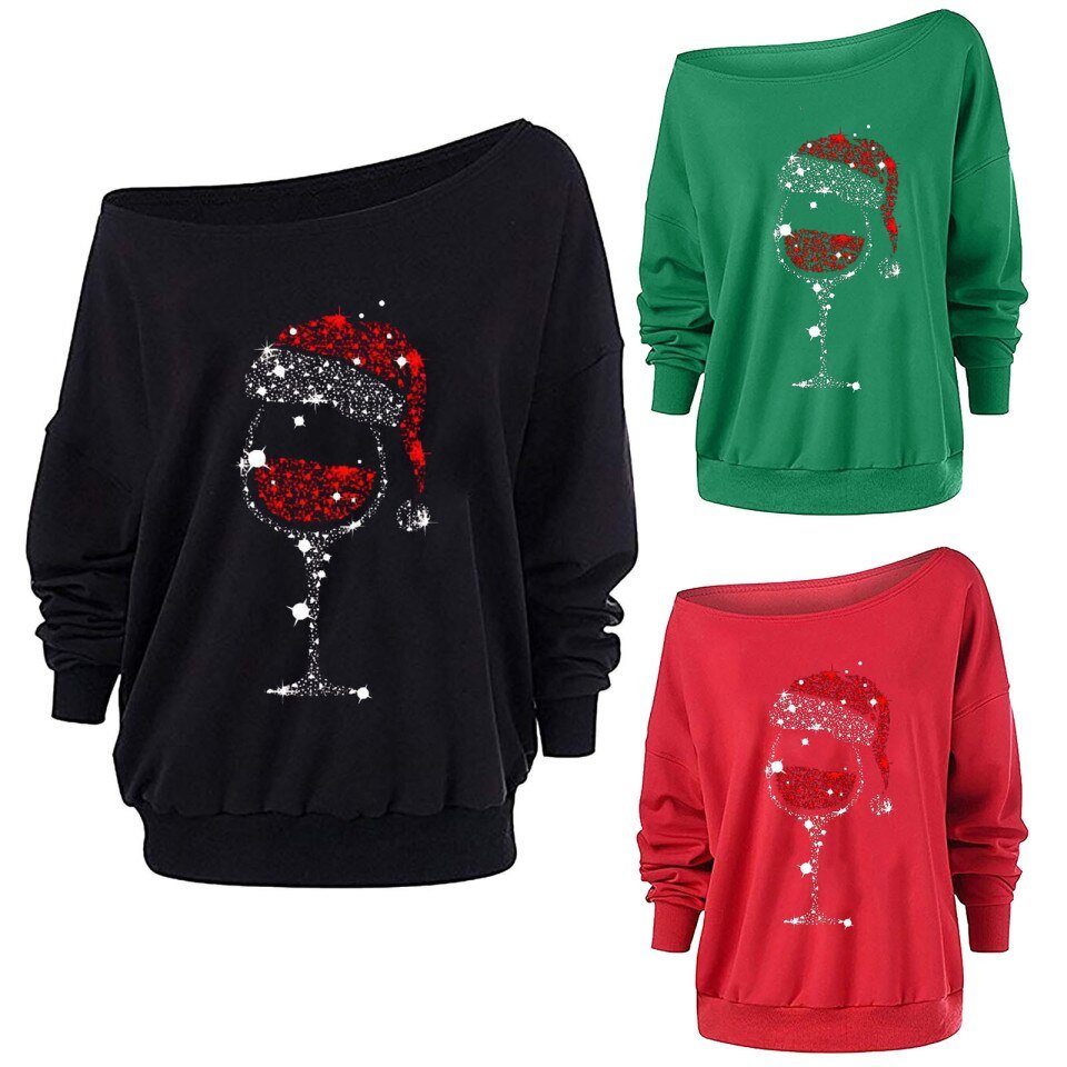 Christmas Elk Print Off Shoulder Tops Women Long Sleeve