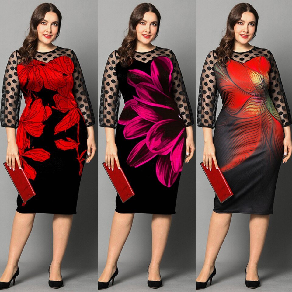 Elegant Dress Women Floral Print Mesh Patchwork 3/4 Sleeve Bodycon Streetwear - Image 7