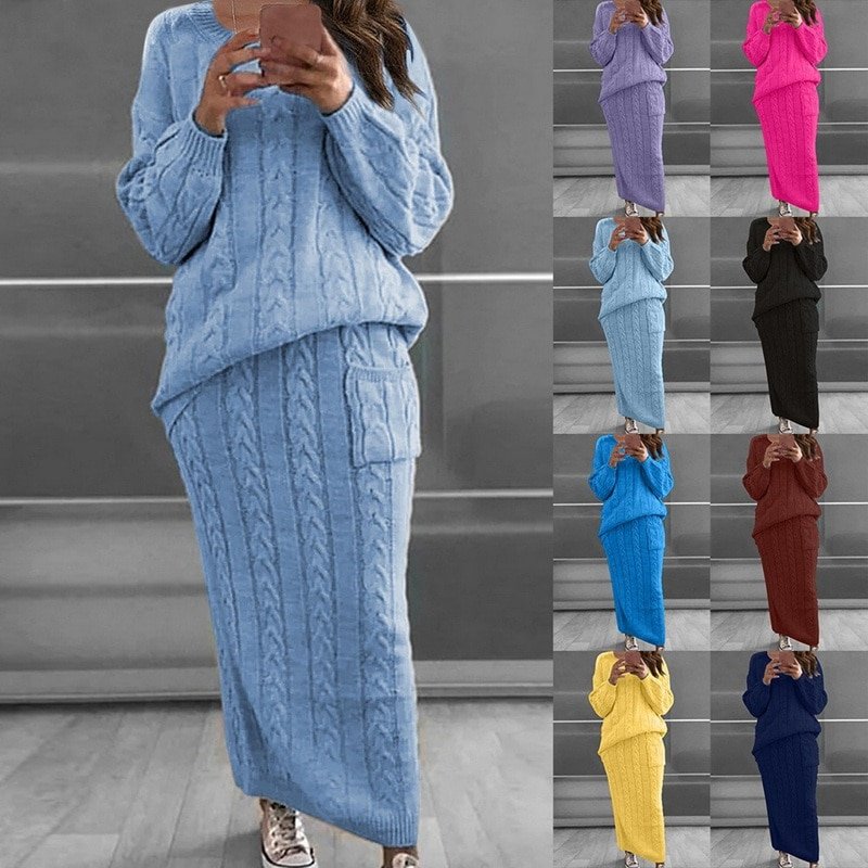 Pullover Sweater+Slim Skirt Two Piece Set Knit Jumper Tracksuit - Image 3