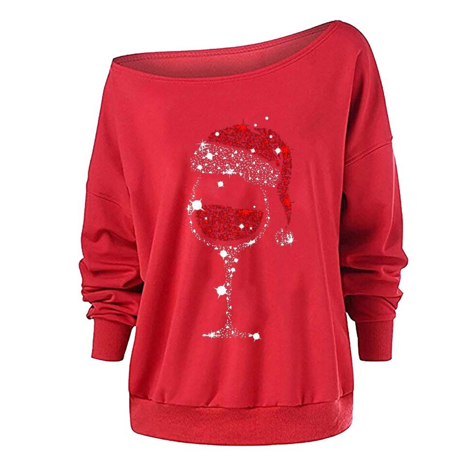 Christmas Elk Print Off Shoulder Tops Women Long Sleeve - Image 11