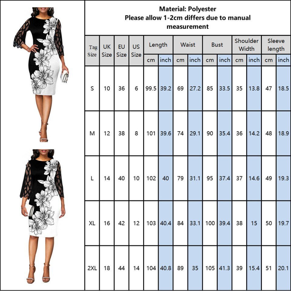 Elegant Dress Women Floral Print Mesh Patchwork 3/4 Sleeve Bodycon Streetwear - Image 4