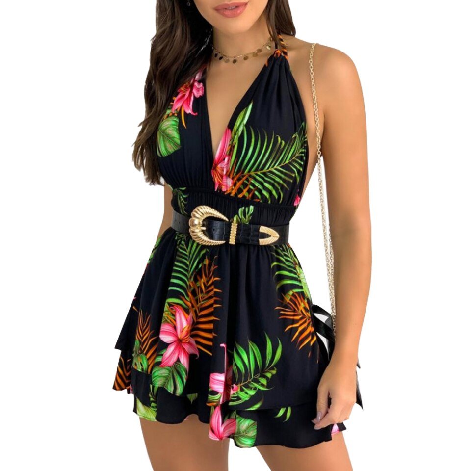 Mini Dresses Sling Floral ,V-Neck Sleeveless