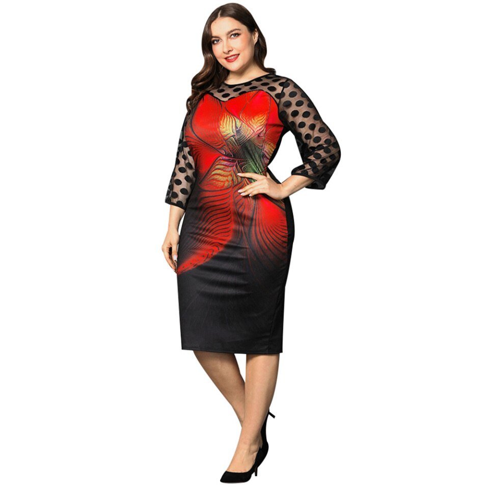 Elegant Dress Women Floral Print Mesh Patchwork 3/4 Sleeve Bodycon Streetwear - Image 3