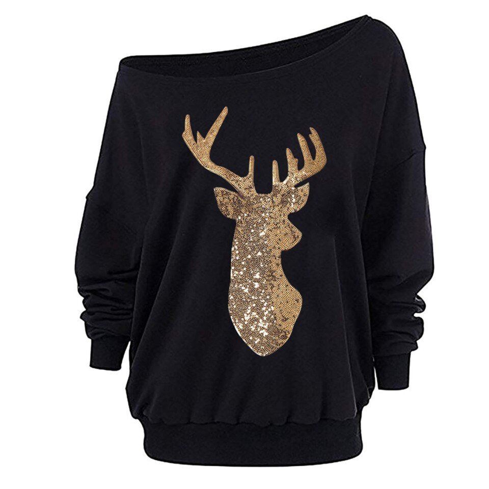 Christmas Elk Print Off Shoulder Tops Women Long Sleeve - Image 2