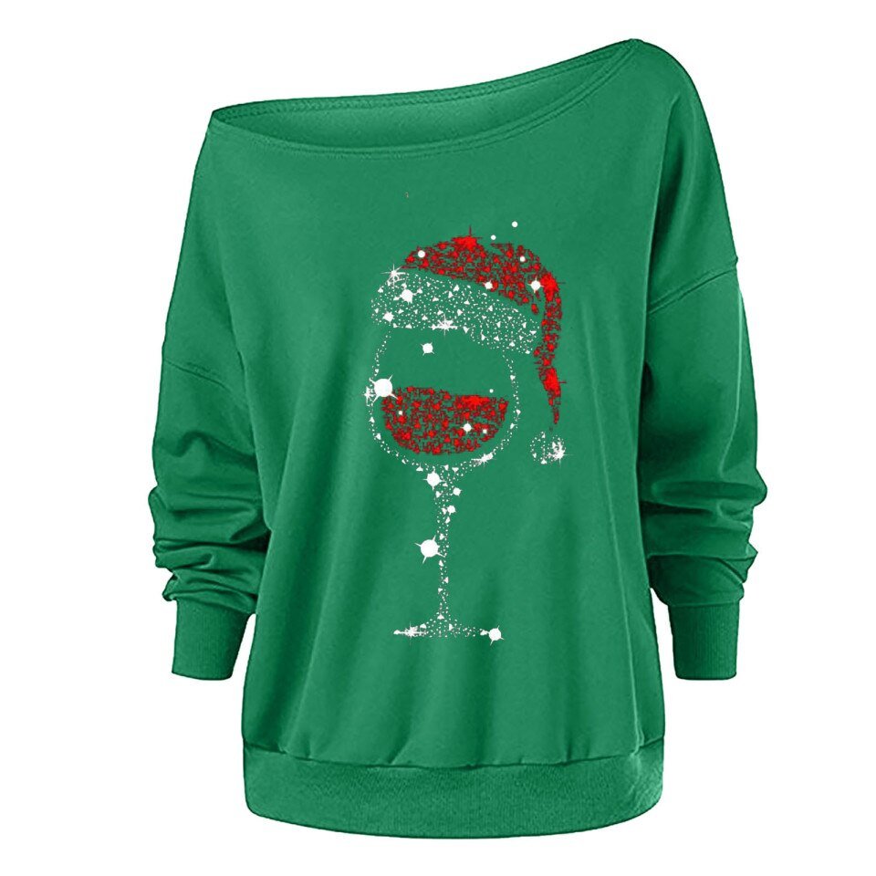 Christmas Elk Print Off Shoulder Tops Women Long Sleeve - Image 15
