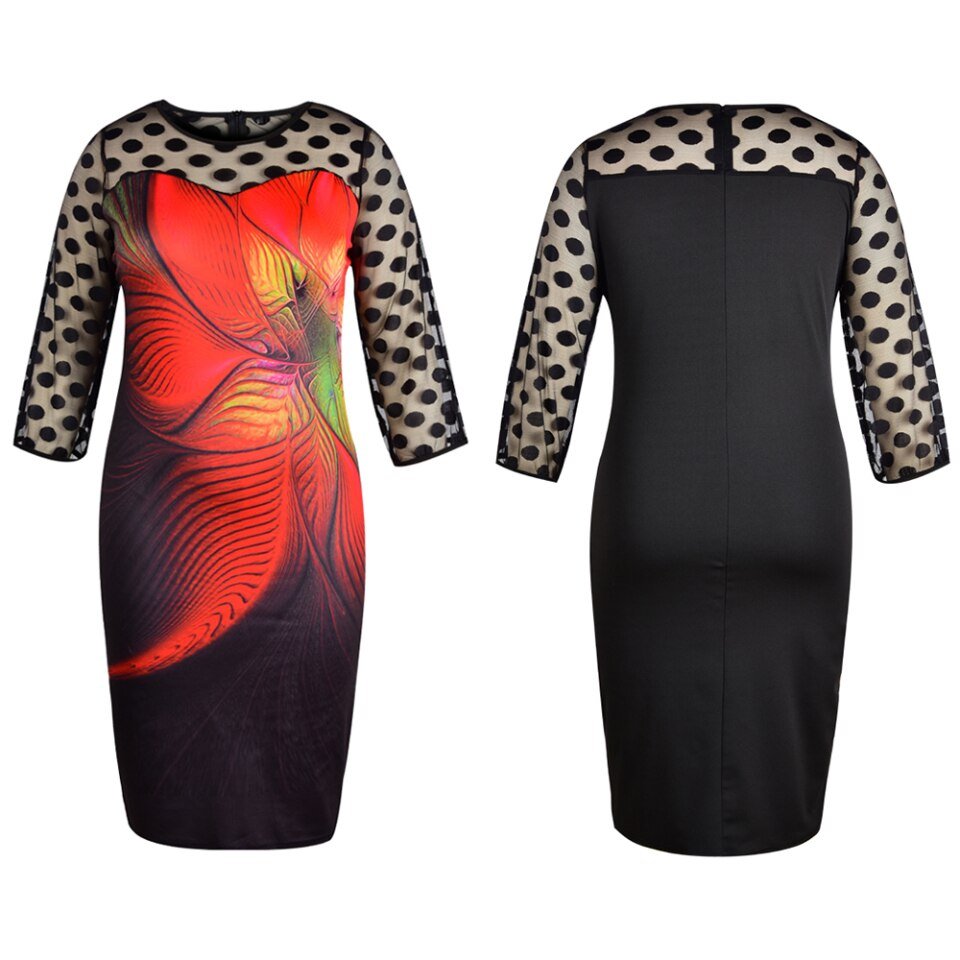 Elegant Dress Women Floral Print Mesh Patchwork 3/4 Sleeve Bodycon Streetwear - Image 11