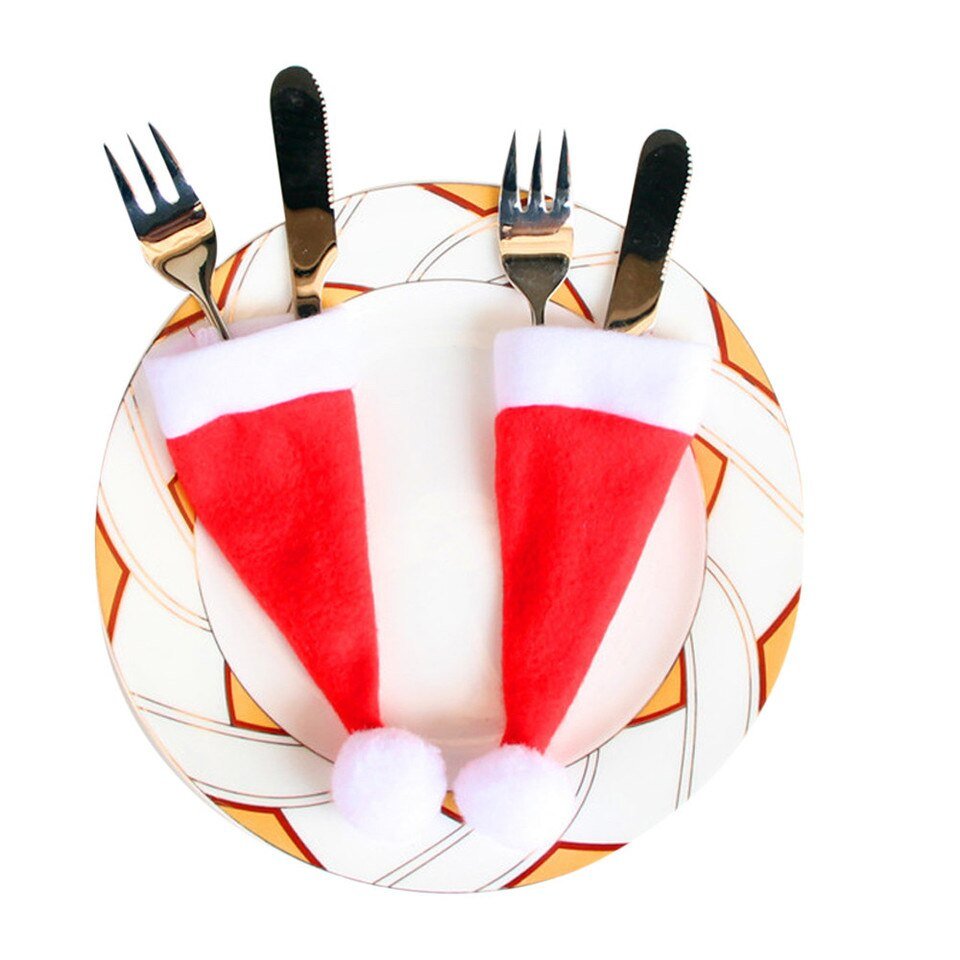 10pcs Christmas Decorative Tableware Mini Caps Pocket Knife Fork Spoon Holders
