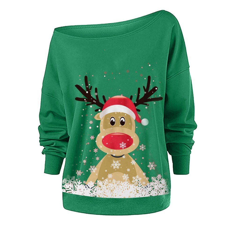 Christmas Elk Print Off Shoulder Tops Women Long Sleeve - Image 6