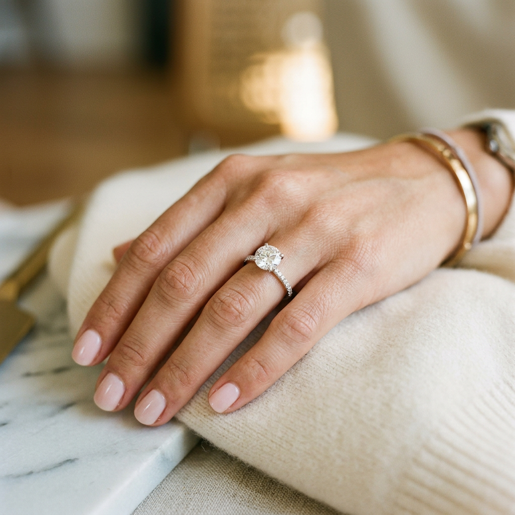 Hand wearing a diamond engagement ring on the ring finger